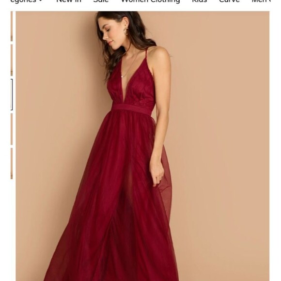 Fairy Grunge Boho Chic SHEIN Belle Plunging Neck Mesh-Overlay Dress Maroon S - Picture 3 of 10